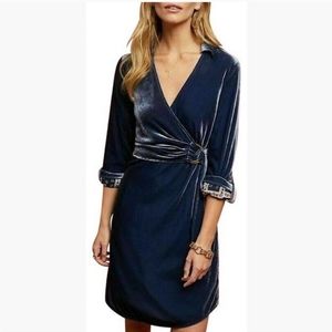 Anthropologie Maeve Blue Velvet V-Neck Wrap Dress 6